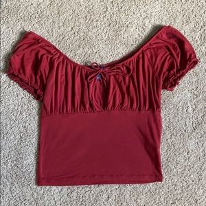 RED OFF THE SHOULDER PUFF SLEEVE CROP TOP